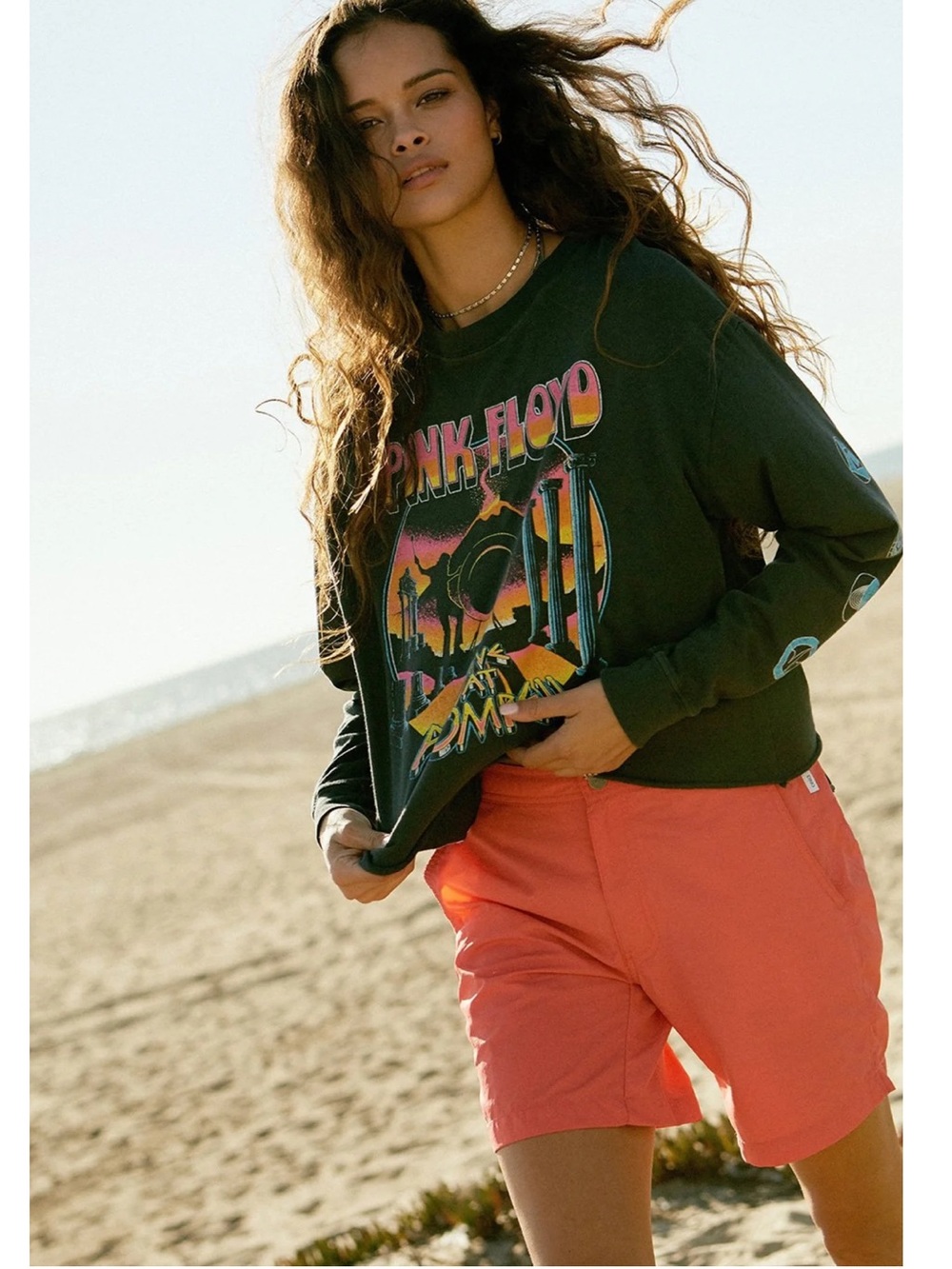 DAYDREAMER Pink Floyd Pompeii Long Sleeve Crop Tee in Vintage Black Sz L Cotton
